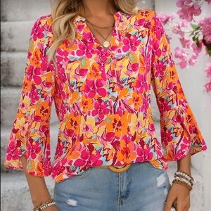 NWOT. Floral V-Neck Blouse - Pink and Orange Size L